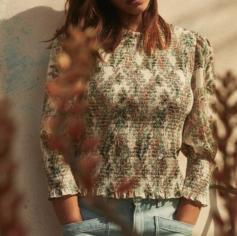 Veronica Beard Cream Floral Smocked Blouse